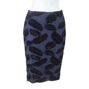 Aqua Navy Pencil Skirt With Black Velvet Leaf Design Size S